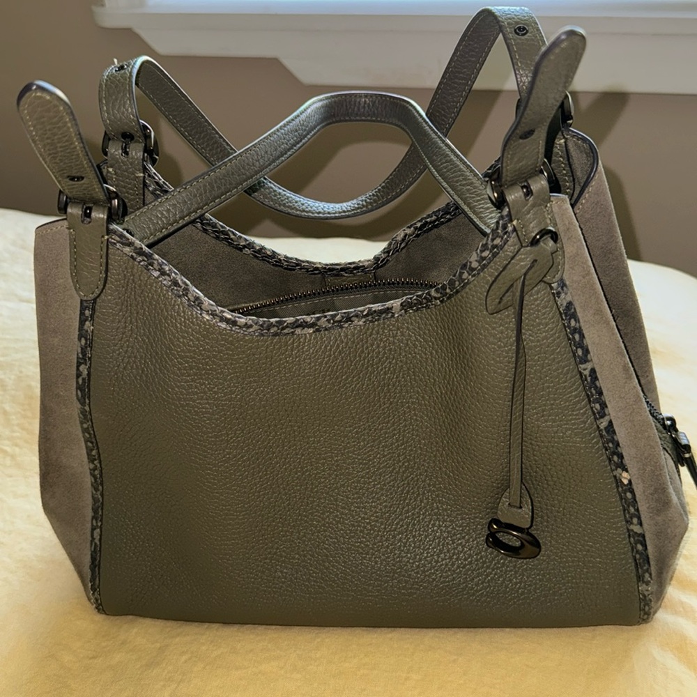 Coach Bag, Green, snake skin edges, three lg compartments w/magnet closure.